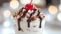 Decadent sundae topped with chocolate sauce, whipped cream, crushed nuts and maraschino cherry against soft bokeh background, sweet dessert treat for menu or cafe promotion.