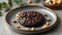 Dark chocolate cookie with chocolate chips and hazelnuts served on rustic ceramic plate. Soft focus food photography with natural lighting and blurred background.