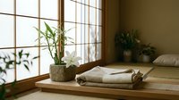 Zen meditation space with bamboo plant, folded towels and natural light streaming through traditional window creating peaceful wellness atmosphere.