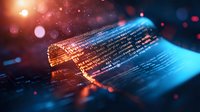 Digital data stream with glowing binary code flowing through abstract technological space against dark background with bokeh light effects and blue-red gradient.