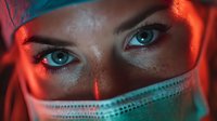 Young woman with striking blue eyes wearing face mask with dramatic red and teal lighting creating moody atmospheric portrait for healthcare concepts.