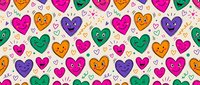 Colorful heart characters with cute faces creating cheerful seamless pattern on cream background. Kawaii style design for Valentine's Day decorations.