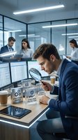 Professional businessman analyzing cybersecurity data with magnifying glass in modern office environment for financial technology and data protection.