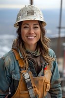 Smiling female construction worker wearing safety helmet and overalls against blurred industrial background. Professional portrait showcasing diversity in trades.