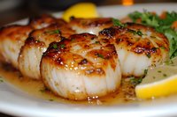 Pan-seared sea scallops with caramelized glaze and butter sauce, garnished with fresh herbs and lemon wedges on white plate, close up view of gourmet seafood.