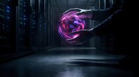 Futuristic data center with glowing purple energy sphere floating above outstretched hand, showcasing advanced technology and digital innovation concepts.