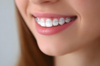 Close up view of healthy smile with metal braces showing white teeth, pink lips and proper orthodontic treatment for dental and orthodontist marketing.