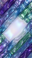 Colorful glass bottles with iridescent gradient effects arranged diagonally around a blank white center space, suitable for product mockups, cosmetics packaging, and beauty branding designs.