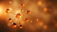 Molecular structure with golden spheres connected by bonds floating in warm amber bokeh background for scientific research and chemistry education.