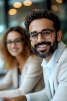 Middle Eastern businessman with glasses and beard smiling confidently in office setting with soft bokeh background and female colleague.