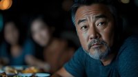 Mature Asian man with gray beard looking thoughtful in restaurant setting with warm bokeh lights and blurred diners in background for lifestyle content.