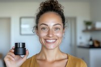 Happy mixed-race woman holding black cosmetic jar in modern kitchen, smiling at camera. Natural skincare routine, beauty product presentation concept.