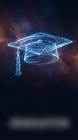 Digital graduation cap hologram with glowing particles floating in cosmic space representing online education technology and academic achievement.