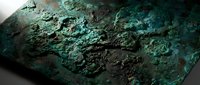 Weathered copper metal surface with green patina oxidation texture showing natural aging process and corrosion patterns for industrial design backgrounds.