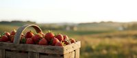Fresh ripe strawberries in rustic wooden crates at sunset farm field harvest time with golden hour lighting and agricultural landscape background.