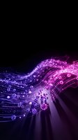 Digital data stream with glowing neon purple and blue waves flowing across dark background, featuring geometric shapes and network icons for technology and innovation concepts.
