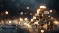 Gold bars stacked in pyramid formation against dark background with magical bokeh lights and glitter, creating luxurious atmosphere for financial concepts.