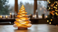Modern wooden Christmas tree lamp with warm LED lights creating cozy holiday ambiance in contemporary home interior with bokeh background lighting effects.