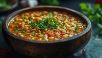 Hearty lentil soup with fresh herbs in rustic wooden bowl, nutritious comfort food for healthy eating and home cooking recipes.