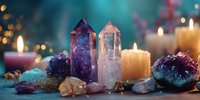 Mystical healing crystals and burning candles create spiritual atmosphere for meditation, energy healing, and mindfulness practices.