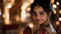 Young South Asian woman in traditional gold jewelry and ornate clothing smiling warmly with bokeh lights creating festive atmosphere for celebrations.