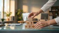 Caucasian businessperson stacking wooden cubes with icons on office desk, symbolizing business growth, strategy, and success.