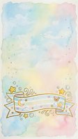 Pastel watercolor background with soft blended colors in blue, pink, yellow, and green featuring decorative banner, stars, moon, and whimsical elements. Isolated design.