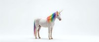 Pale unicorn with vibrant rainbow mane standing in profile against white background, isolated design element suitable for children's graphics, merchandise, and creative projects.