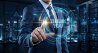 Businessman touching futuristic holographic interface with thank you message in modern office environment with digital network connections and glowing elements.