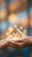 Hands holding glowing house model with security shields and property icons floating above, representing home insurance, real estate protection, and financial security concepts.