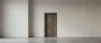 Closed brown door in empty minimalist interior with concrete walls and polished floor, suitable for architectural visualization and design projects.