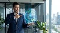 Professional businessman presenting holographic digital interface technology in modern office environment for business innovation and futuristic solutions.