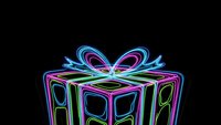 Neon gift box with glowing outline and bow on black background for holiday celebrations and festive designs.