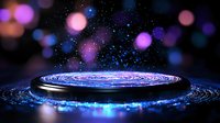 Glowing spiral light trails on dark platform with magical bokeh background and sparkles create mystical atmosphere for product display or presentation stage.