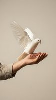 White dove taking flight from open human hand against neutral beige background symbolizing peace, freedom, hope and spiritual release.