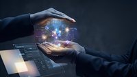 Businessman hands protecting digital holographic globe with network connections and data visualization for technology and cybersecurity concepts.