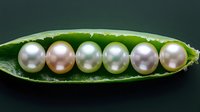 Six lustrous white pearls arranged in a row inside an open green pea pod against dark background. Perfect for jewelry design inspiration.