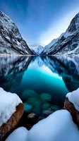 Serene alpine lake surrounded by snow-covered mountains and forested slopes, with crystal-clear turquoise water reflecting the winter landscape and starry sky above.
