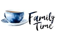 Watercolor blue coffee cup with saucer and black brush lettering text Family Time, artistic composition on white background for home decor and greeting cards.