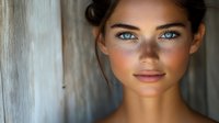 Close up portrait of young woman with striking blue eyes and natural makeup in soft window light, showing radiant skin and gentle expression.