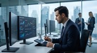 Professional businessman analyzing financial data and charts on computer monitors in modern corporate office environment with city skyline view.