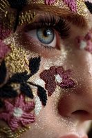 Close-up of blue-green eye with long lashes, face partially covered with ornate floral embroidery in gold, burgundy and black tones.
