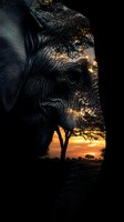 Dramatic silhouette of African elephant against golden sunset sky, with acacia tree framed through elephant's profile creating artistic wildlife composition in safari setting.