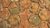Cracked earth texture with hexagonal patterns in warm terracotta and ochre tones, showing dried mud surface ideal for backgrounds and environmental design projects.