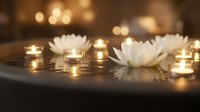 Serene spa setting with floating white lotus flowers and glowing candles creating peaceful ambiance for wellness and meditation practices.