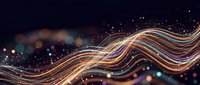 Abstract flowing waves with golden light trails and sparkling particles on dark background for modern digital design and technology concepts.