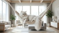 Young fluffy white cat relaxing in hammock in bright modern living room with natural light, potted plants, and minimalist furniture for home decor and pet lifestyle content.