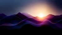 Vibrant purple mountain landscape silhouettes against dramatic sunset sky with glowing sun creating mystical atmosphere. Abstract nature background for meditation and wellness.