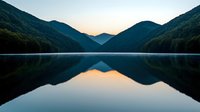 Tranquil mountain lake at dawn with perfect mirror reflection of peaks and sunrise sky, creating symmetrical landscape in serene natural setting.