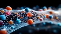 Vibrant orange and blue spheres trapped in delicate white mesh network against dark background, creating futuristic molecular or neural network visualization.